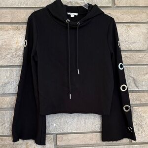 Kensie Black Cropped Hoodie with Grommet Bell Sleeves